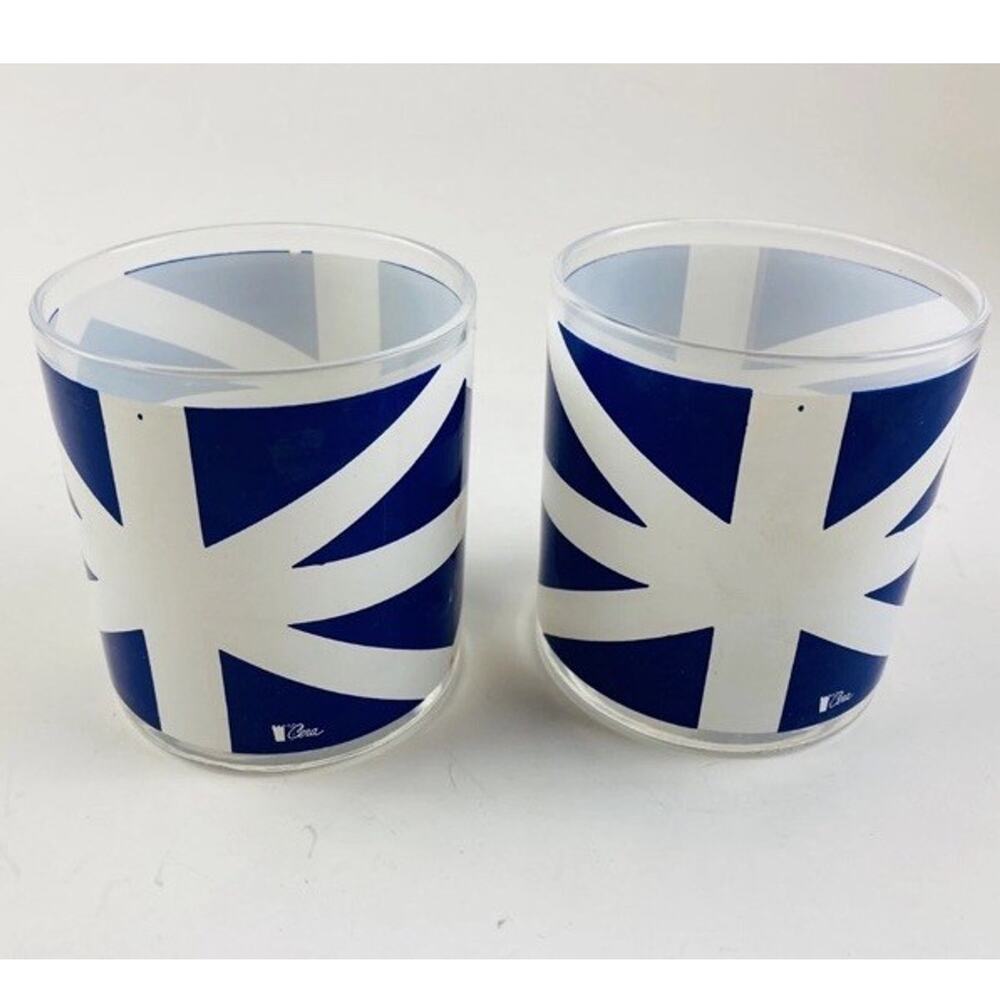 2 Cera Glass 10oz Cups Low Ball Blue White Union Jack Vintage Rare